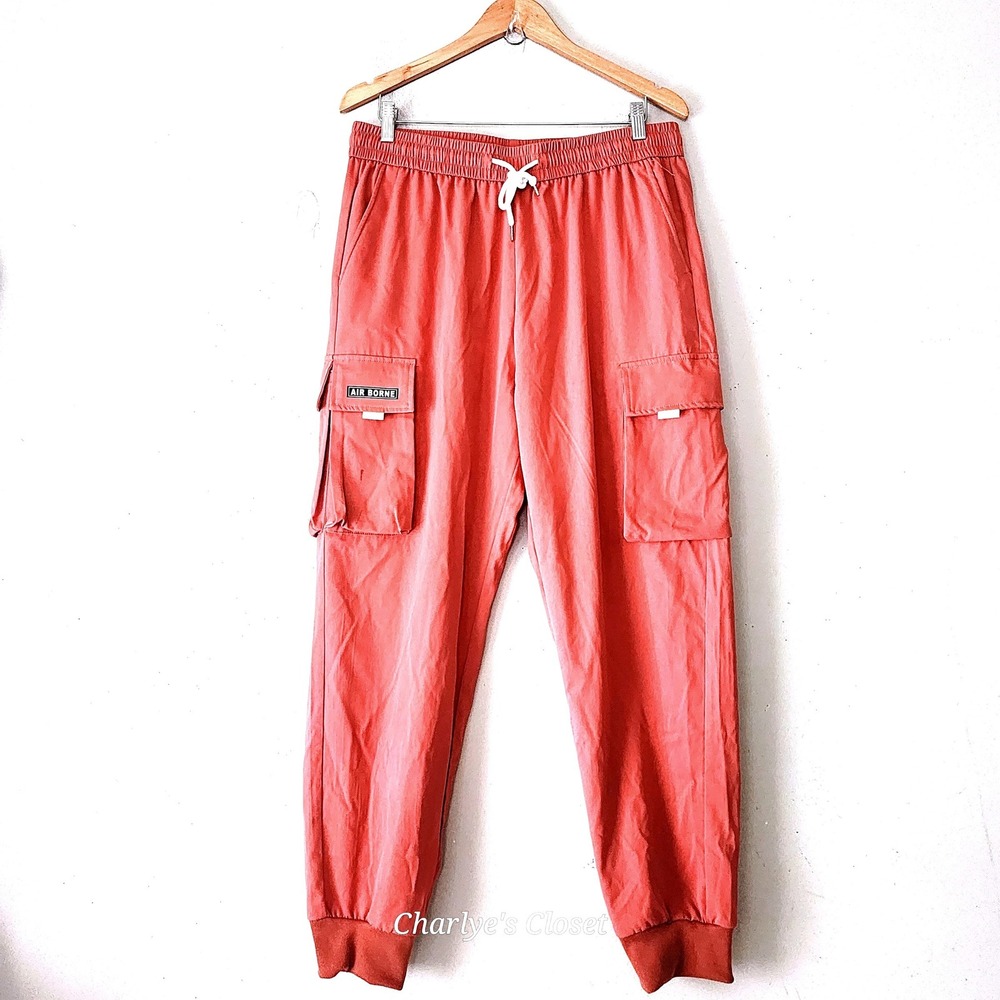 Air Borne Cargo Lightweight Jogger Pants Orange XL Knit Hem Beach Streetwear